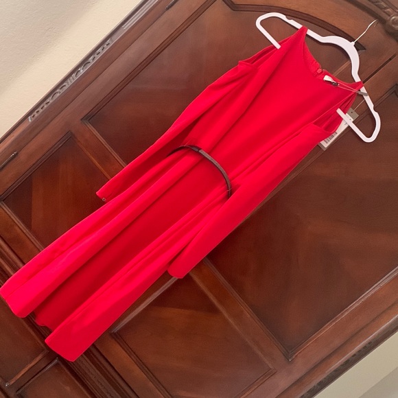 Halston Heritage Red Belted Crepe Cold Shoulder Sheath Dress Sz 6 - Picture 13 of 17
